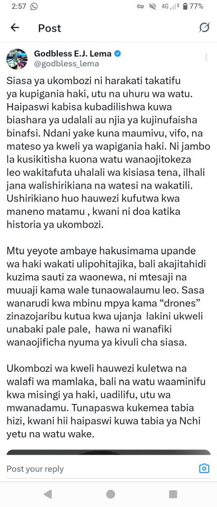 Nabii wa mchongo <a href="/godbless_lema/">Godbless E.J. Lema</a> unataka <a href="/Ndolezi_Petro/">Ndolezi</a> akulipe 1bil au siyo?Unatutisha kwa kutumia sheria kandamizi za cyber tunazopambana zifutwe ili tupate uhuru wa maoni Hautalipwa hata sh kumi. Ukitaka kulipwa japo sh10 twambie kwanza <a href="/zittokabwe/">Zitto MwamiRuyagwa Kabwe</a> alikudalalia nini kima wewe.