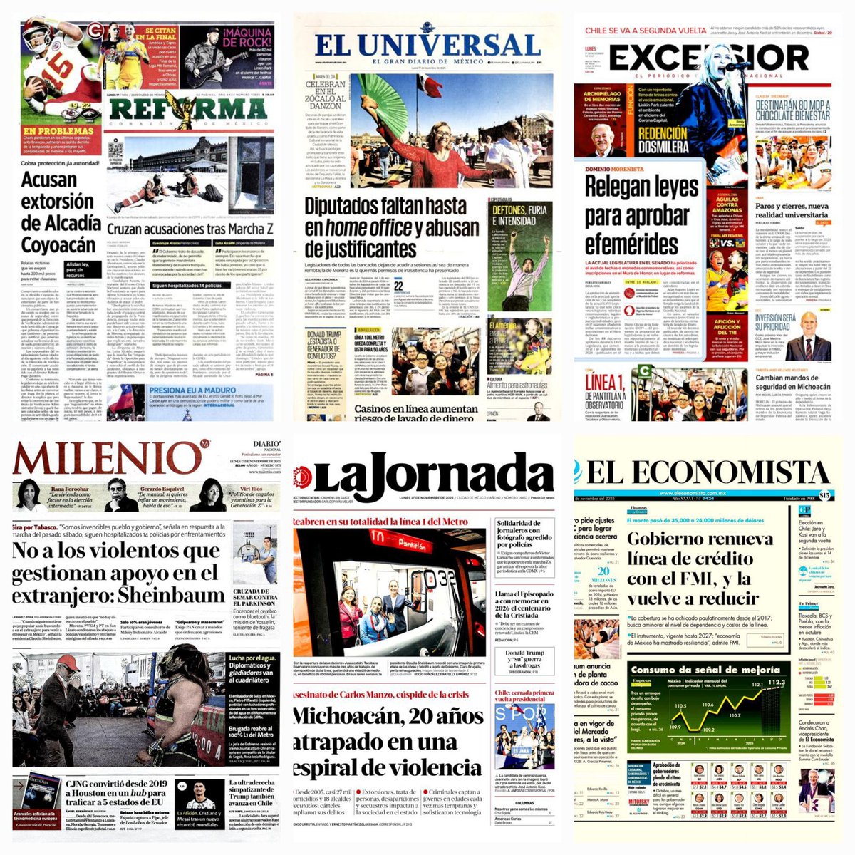 daniellemx_'s tweet image. Prensa en México ... #Reforma #ElUniversal #Excélsior #Milenio  #LaJornada #ElEconomista #17noviembre2025