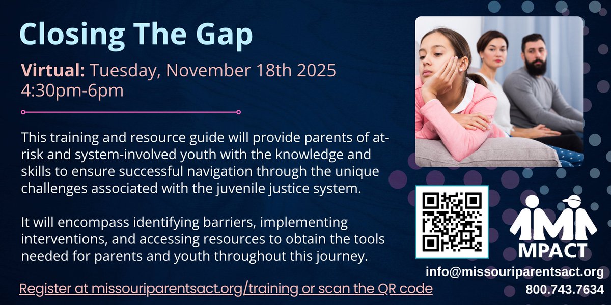 Join our free Closing the Gap virtual training Nov 18, 4:30–6 PM.
Learn tools to help parents of at-risk youth navigate the juvenile justice system.
Register: 🔗 missouriparentsact.org/training
#MPACT #ParentSupport #MissouriFamilies
