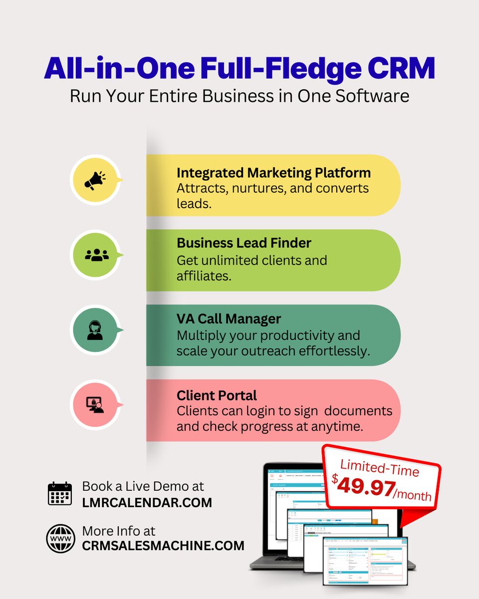 LMRINTL's tweet image. Scale faster with CRM Sales Machine — your all-in-one CRM built for business growth.
👉 Book your demo now at LMRCalendar.com
🌐 Learn more at CRMSalesMachine.com

#CRMSalesMachine #CRM #BusinessAutomation #MarketingAutomation... vbt.io/lmr-internatio…