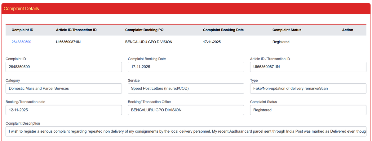 Extremely frustrated with <a href="/IndiaPostOffice/">India Post</a>, <a href="/pib_comm/">PIB_INDIA Ministry of Communications</a> <a href="/JM_Scindia/">Jyotiraditya M. Scindia</a>. Yet again, my parcel was marked “Delivered” without any delivery attempt. No call, no visit, nothing. This has been happening repeatedly, and now even my Aadhaar card was falsely marked as delivered. Take action!