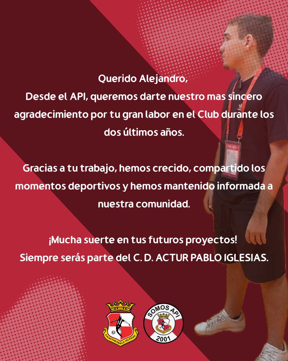 ActurPIglesias's tweet photo. Hoy nos toca despedirnos de Alejandro Oliva @elmundodelsport, quien ha estado con nosotros dos temporadas como responsable de comunicación del club y quien por motivos personales y laborales tiene que dejar de desempeñar su labor con nosotros.
#GraciasAlex #SomosApi #NuevaEra https://t.co/KvYUefaY6X