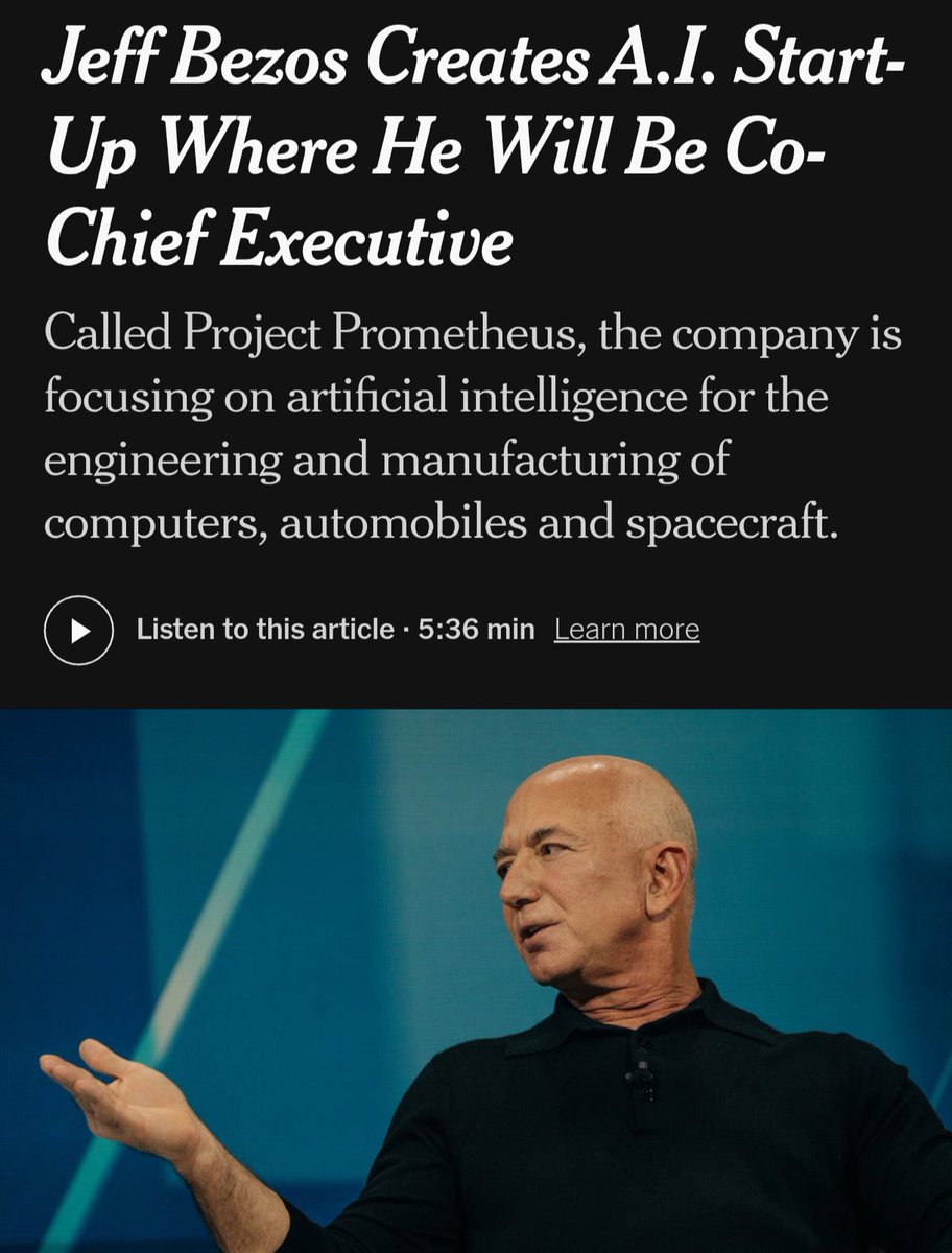 madhavchanchani's tweet image. Bezos is back. 

Project Prometheus is coming out of the gates with $6.2 billion in funding, partly from Mr. Bezos, making it one of the most well-financed early-stage start-ups in the world.