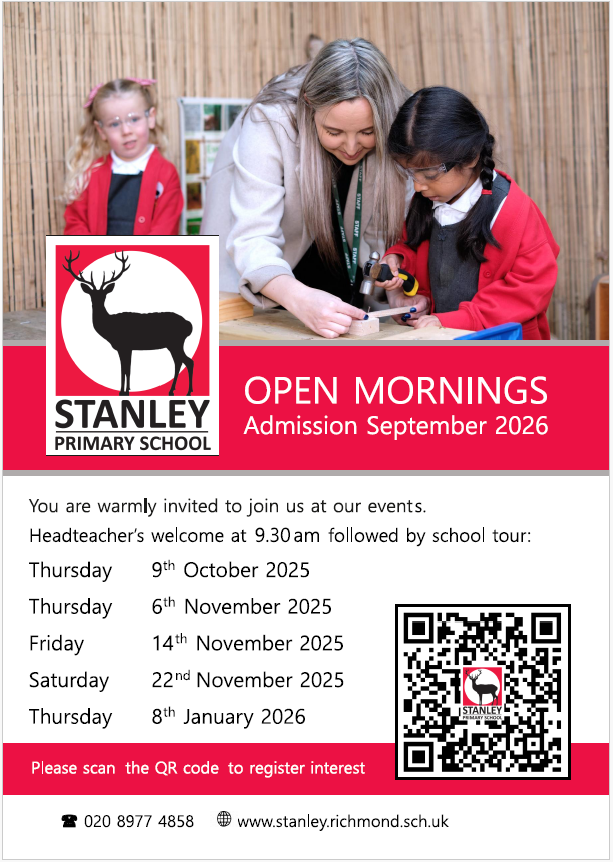 Join our Open Morning at Stanley Primary on Saturday 22 November @ 09.30. Come along to meet our team, explore our classrooms, and get a feel for the wonderful learning community we’re so proud of. We’d love to welcome you and your family. Sign up here stanley.richmond.sch.uk/admissions-1/