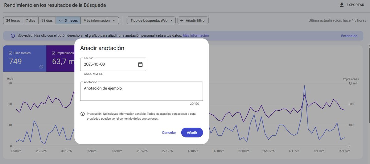 ¡Nueva función en Search Console! ANOTACIONES

Ahora, desde la pestaña de rendimiento, basta con hacer clic derecho con el ratón para añadir el comentario que quieras en cierta fecha.

Ideal para contextualizar cosas como:

🔸 Updates de Google
🔸 Migraciones
🔸 Implementaciones