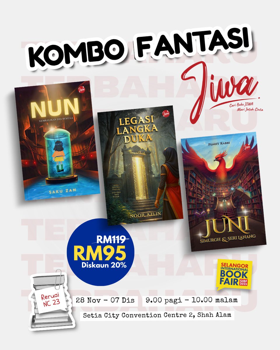 Serbu booth JIWA di Selangor International Book Fairs (SIBF) 2025!
Dapatkan kombo istimewa paling dinantikan:

✨️ KOMBO SENJA
✨️ KOMBO ROZANNA 
✨️ KOMBO FANTASI JIWA 

Kombo kali ini kita datangkan dengan diskaun sebanyak 20%. Kami nantikan anda ke pesta buku kali ini.