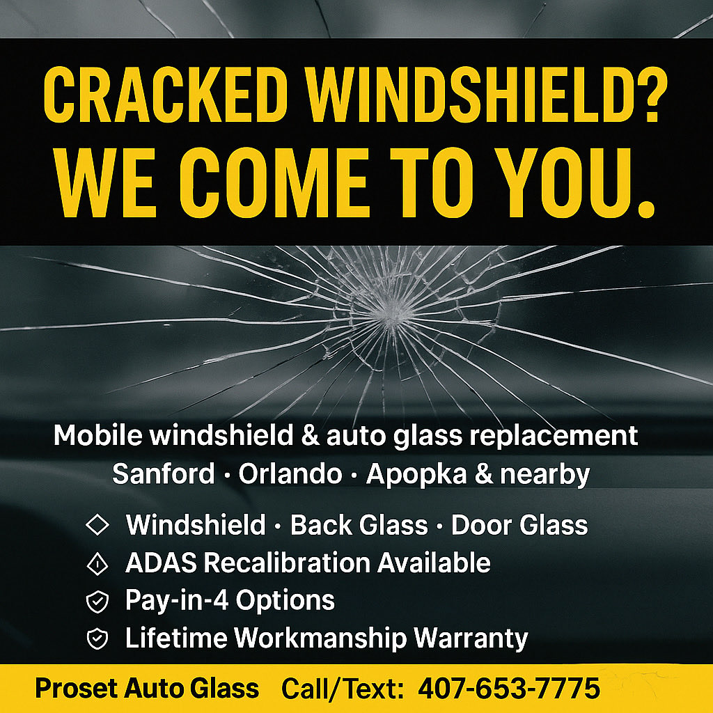 ProsetAutoGlass's tweet image. Cracked or shattered windshield? We’ve got you.

Proset Auto Glass comes to you in Sanford, Orlando, Apopka and nearby — replacing your glass with quality materials and a lifetime workmanship warranty.

Text your year, make, model and which glass is damaged for a free quote!