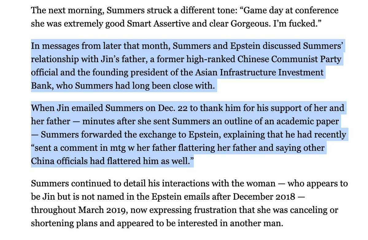Michael7ucci's tweet image. Larry Summers was texting Epstein up to July 5, 2019, the day before his arrest.

Summers wanted advice on leveraging into bed a Chinese economist whose father is a senior CCP official Summers supported &amp;amp; flattered🤦‍♂️

She was almost certainly playing Summers.

Per @thecrimson