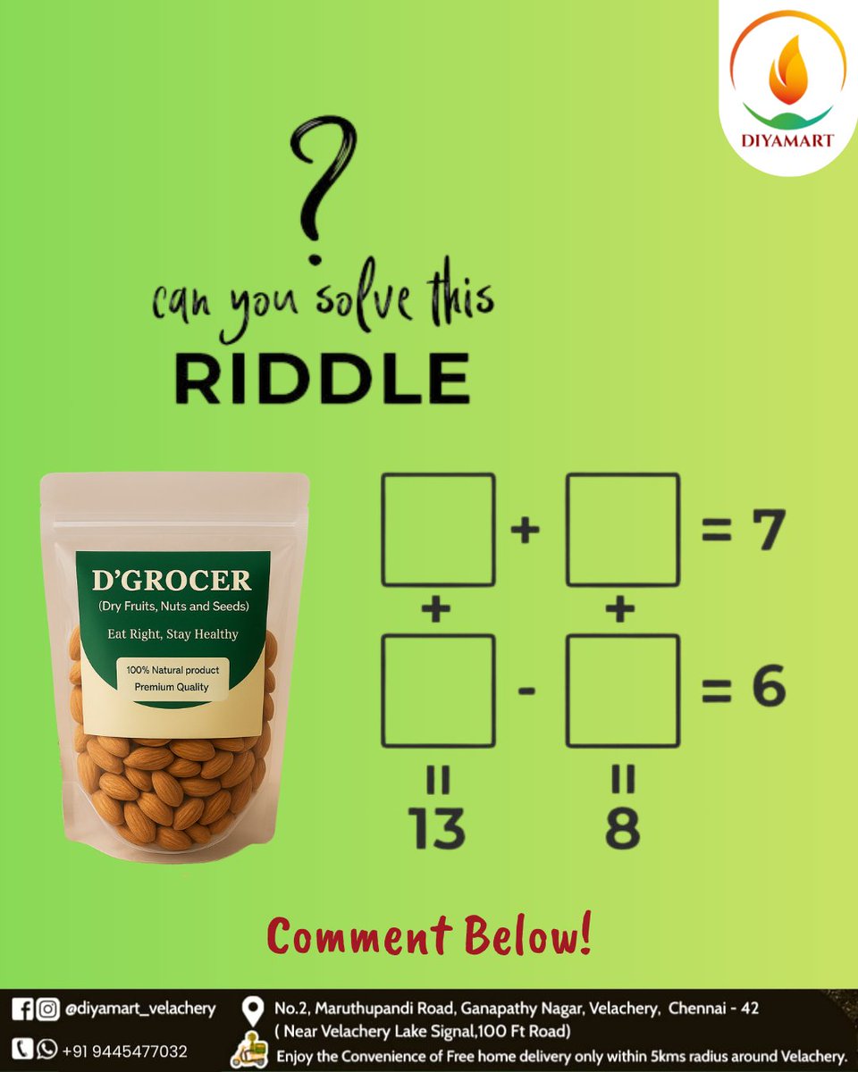 Diyanjalistores's tweet image. 🧩💚 Riddle Time!
Can you crack this DIYAMART brain teaser? 🤔
Drop your answer in the comments below! 👇✨
💡 Hint: Look closely at the numbers 😉
#Diyamart #RiddleTime #MindGame #FunPost #SolveThis #BrainTeaser #Dgrocer #HealthySnacks #EngageWithUs