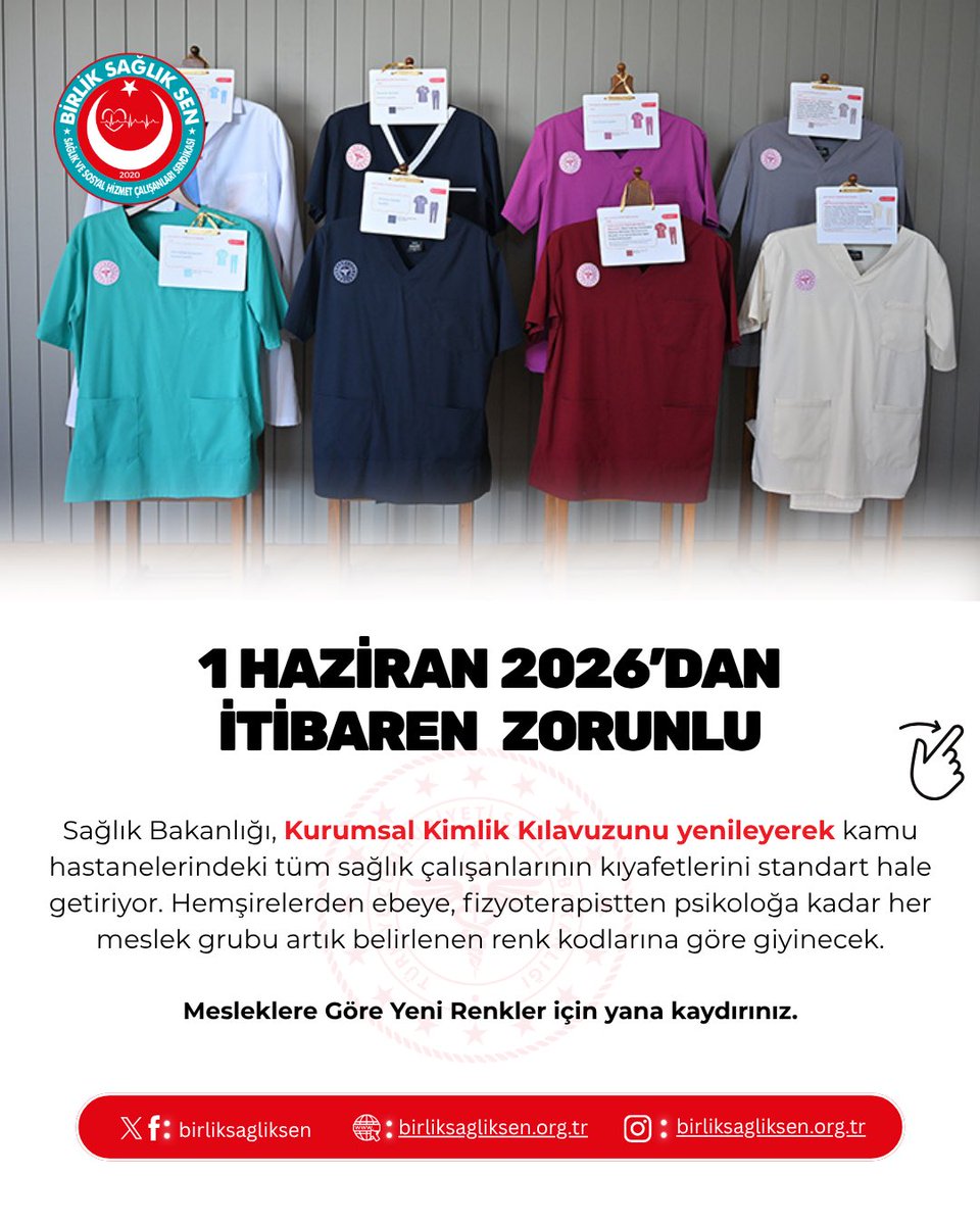 BirlikSaglikSen's tweet image. Sağlık Bakanlığı, tüm sağlık çalışanlarının kıyafetlerini standart hale getiriyor.
Yeni renk kodları 1 Ocak 2026’da ücretsiz dağıtılacak, 1 Haziran 2026’da zorunlu olacak.

Web Sitemiz: birliksagliksen.org.tr

İnstagram Hesabımız: birliksagliksen.org.tr

#sağlıkbakanlığı