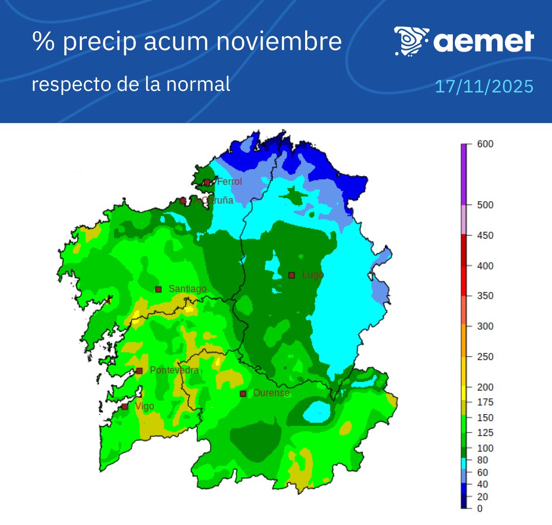 ☔️  As precipitacións acumuladas durante este mes de novembro en Galicia xa superan os valores normais do mes en case toda Galicia.
Novembro está a resultar moi chuvioso na maior parte de Galicia, sobre todo pola contribución da borrasca Claudia a semana pasada.