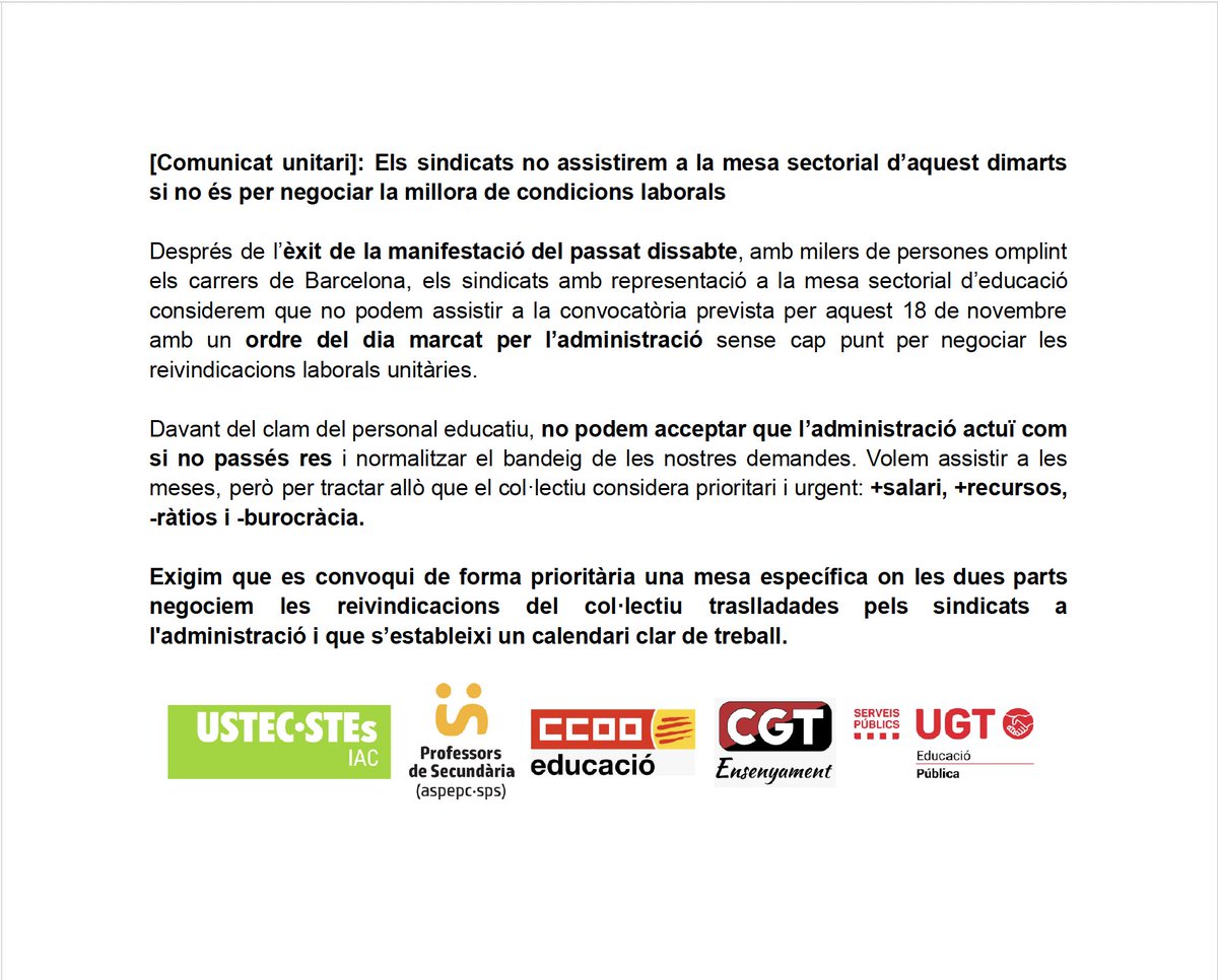 COMUNICAT UNITARI
Els sindicats no assistirem a la mesa sectorial d’aquest dimarts si no és per a negociar la millora de condicions laborals.