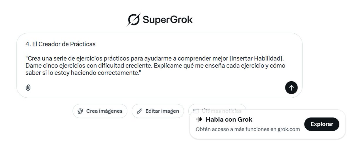 IA_Quijote's tweet image. 4. El Creador de Prácticas

&quot;Crea una serie de ejercicios prácticos para ayudarme a comprender mejor [Insertar Habilidad]. Dame cinco ejercicios con dificultad creciente. Explícame qué me enseña cada ejercicio y cómo saber si lo estoy haciendo correctamente.&quot;