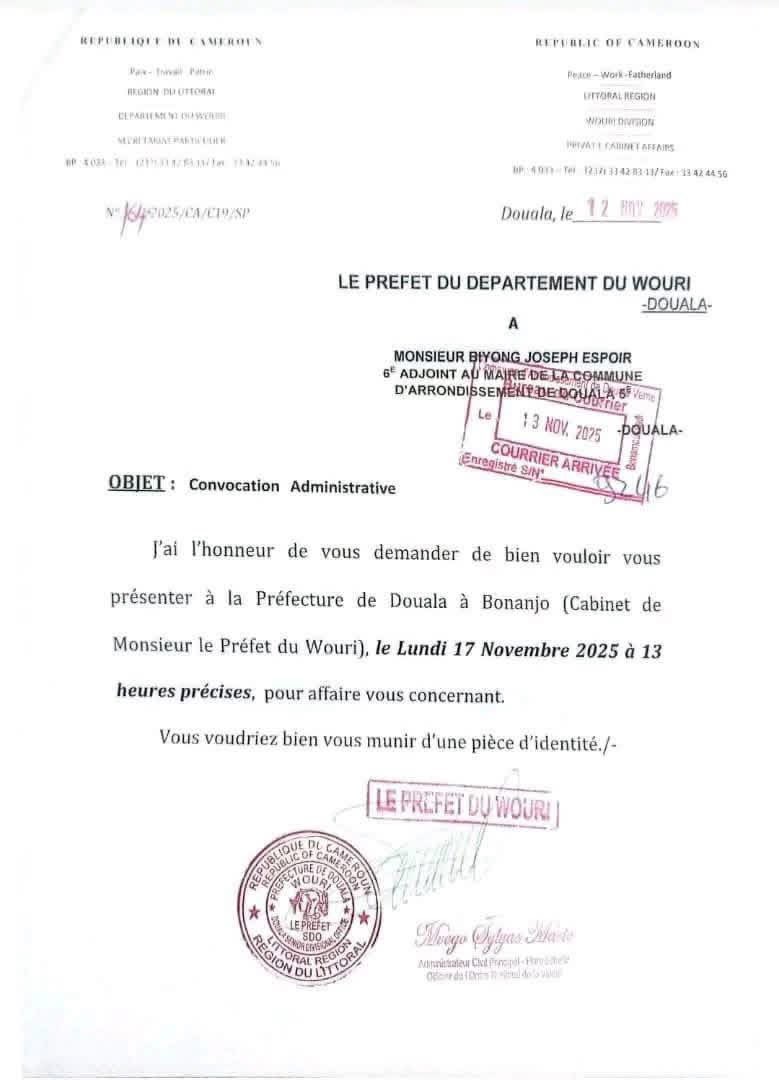 🛑CRISE POST ÉLECTORALE - AFFAIRE BIYONG JOSEPH : 32 AVOCATS DÉCLARENT LA GUERRE JURIDIQUE AU PRÉFET DU WOURI.

C’est un front juridique inédit qui se dresse face à l’administration préfectorale du Wouri. Dans une lettre datée du 14 novembre 2025, un impressionnant collectif de
