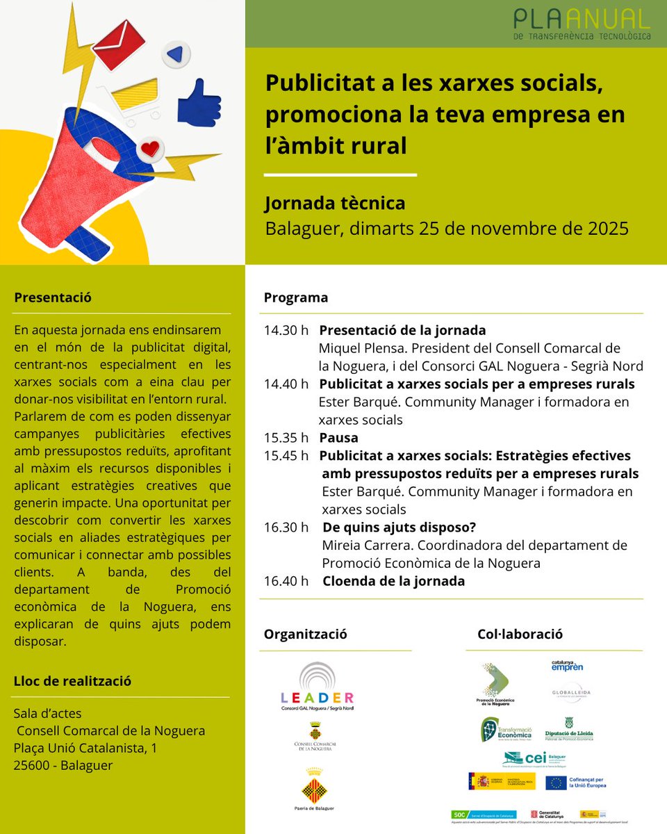 El 25 de novembre, de 14.30 a 16.30 h, fem la segona sessió del cicle "De la gestió a l’èxit":
PUBLICITAT A XARXES SOCIALS 📱

📍 Consell Comarcal de la Noguera
🎯 Estratègies per fer publicitat amb pressupost reduït
✅ Formació gratuïta

Inscripcions 👉 shorturl.at/d46IZ