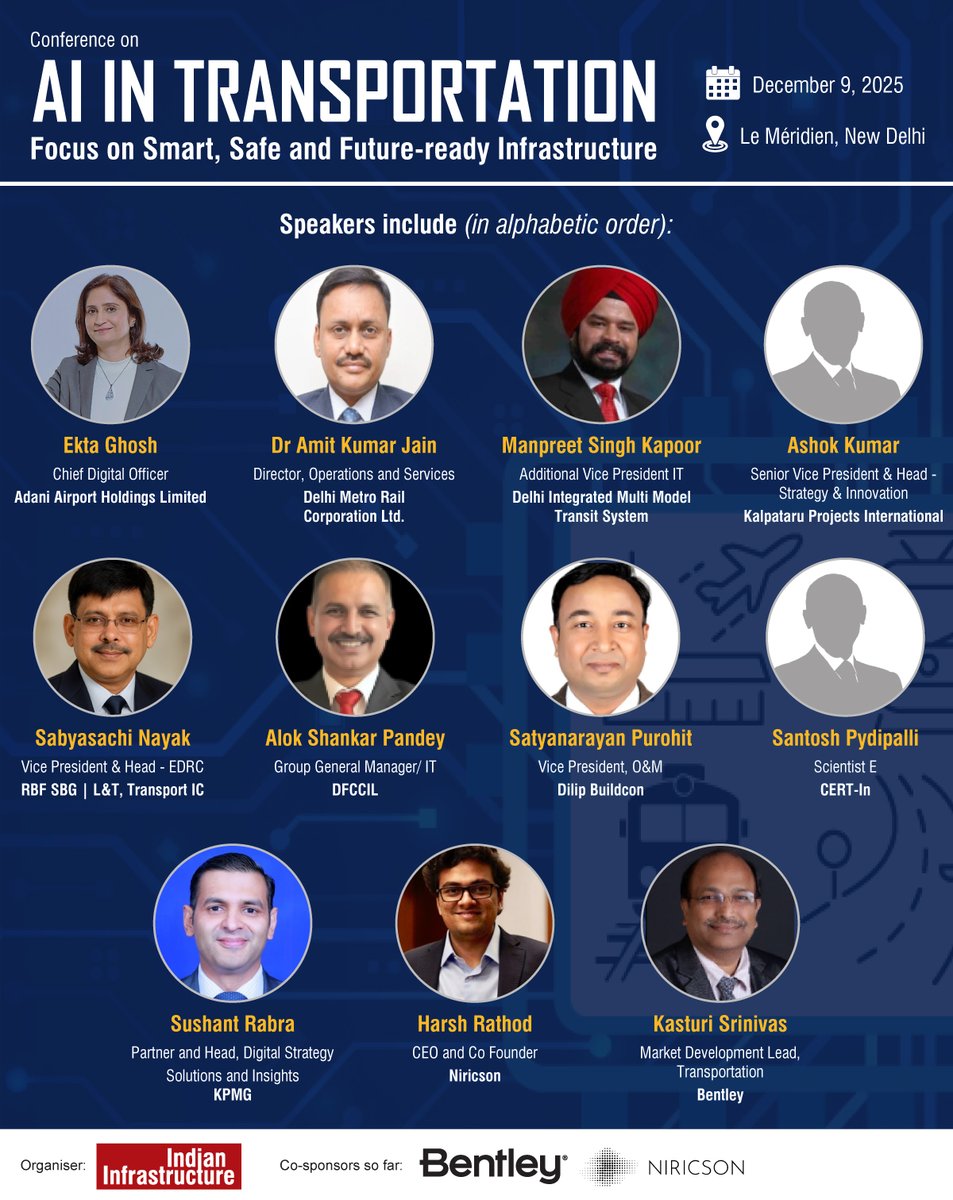Indianinfra_mag's tweet image. The first list of speakers for our upcoming Conference on AI in Transportation, scheduled for December 9, 2025 at Le Méridien, New Delhi, is out now!

To attend, visit: web.cvent.com/event/012c6f7c…

#AIinTransportation #SmartMobility #IntelligentInfrastructure #DigitalTransformation