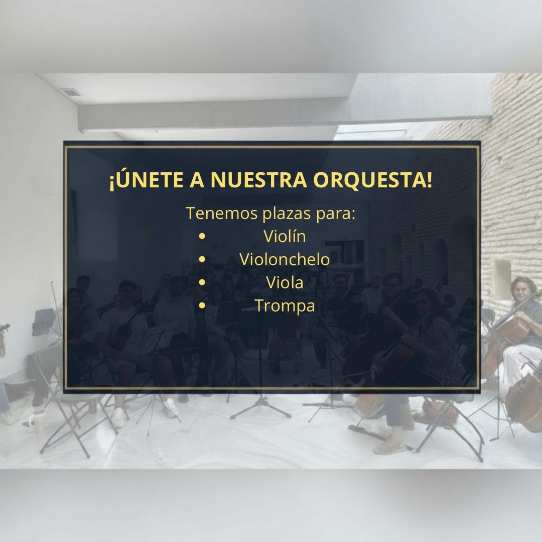 La Orquesta Andaluza de Cine anuncia que quedan plazas de los siguientes instrumentos:

- Violín.
- Viola.
- Violonchelo.
- Trompa. 

¡Ponte en contacto con nosotros a través de nuestro formulario!

docs.google.com/forms/d/e/1FAI…