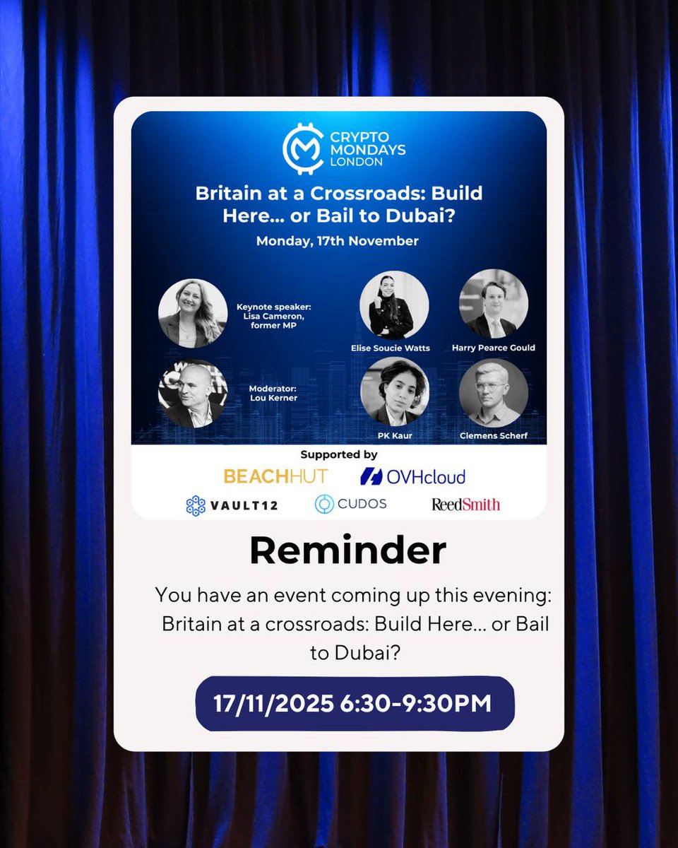 It’s an exciting Monday in London, you know why?
CryptoMondays London will be live tonight.

And this month, we’re touching on one of the most important conversations happening in Web3 right now:

Britain at a Crossroads: Build Here… or Bail to Dubai?

With everything happening