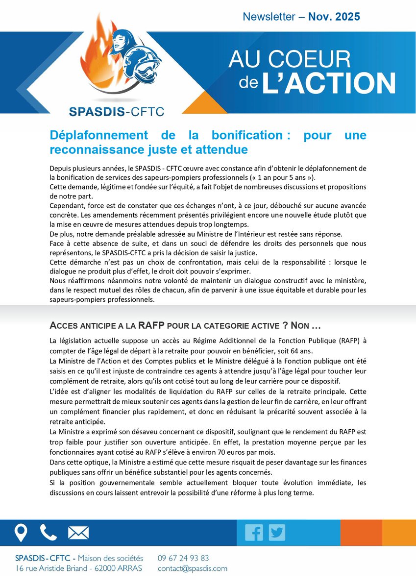 pompiers_cftc's tweet image. 🚨[NEWSLETTER] Le #SPASDIS agit pour le déplafonnement de la bonification de services #SPP. 
Négociations en cours afin que la catégorie active bénéficie d&apos;un accès anticipé à la RAFP👇👇👇
#SDIS #pompiers #PATS #DGSCGC #securitecivile #CFTC