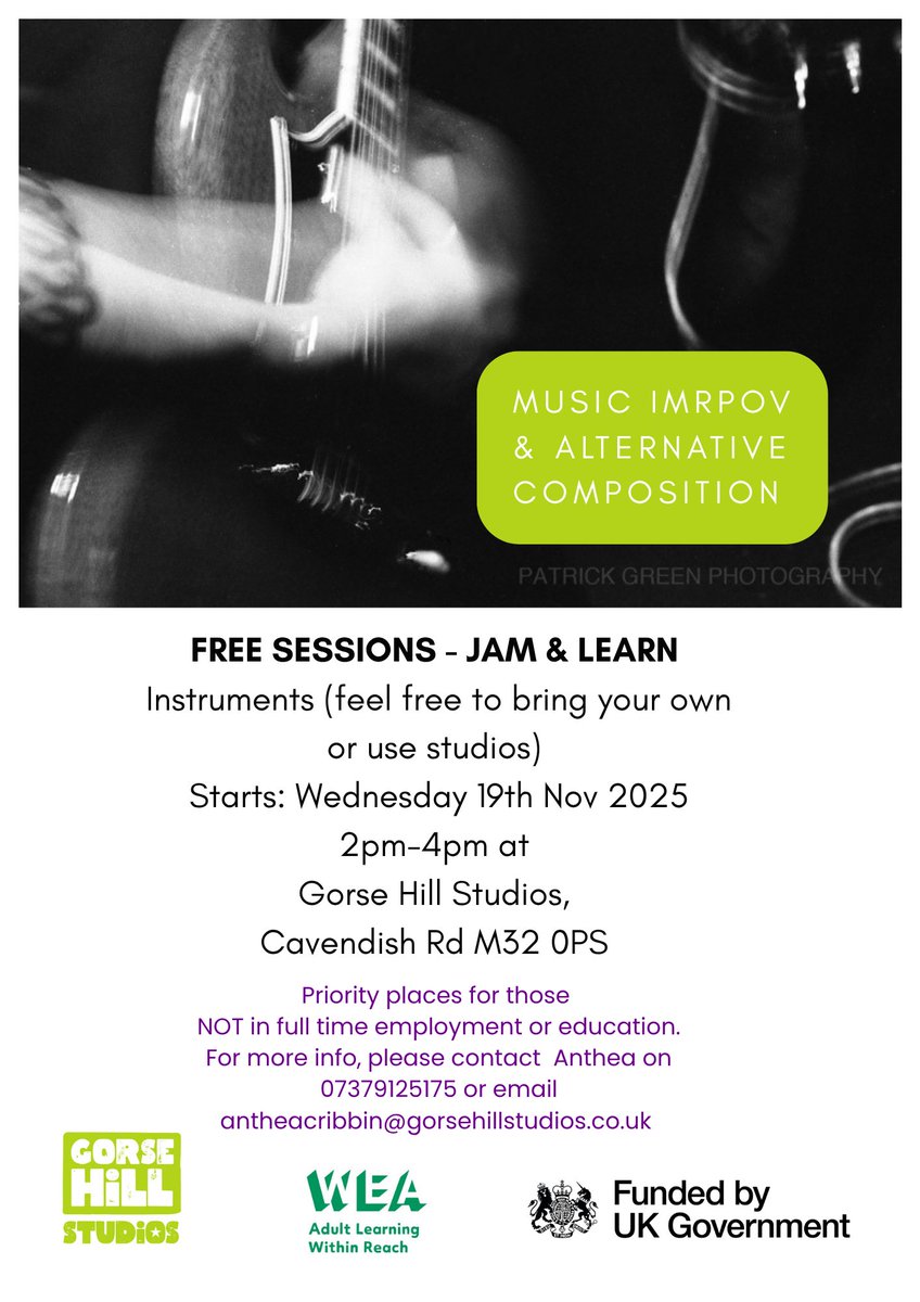 PatchWorkMHandW's tweet image. Free creative adult sessions taking place at Gorse Hill Studios - Info in images... taking place this week! Music and Creative Writing. Cheers all. #trafford #gorsehillstudios #gorsehill #creativewriting #musicimprov