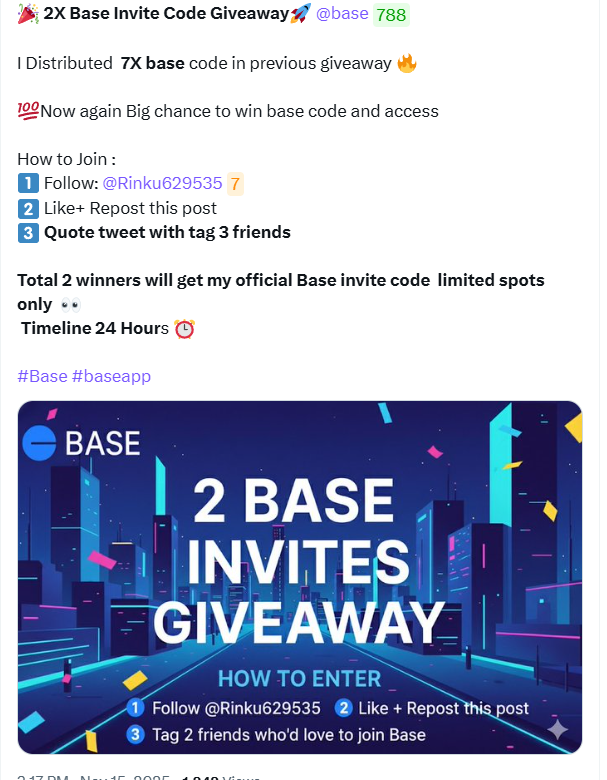 Congrats To Winner finally BASE CODE Winner Result Out

Total 2 winners selected in this <a href="/base/">Base</a>  giveaway 🚀

Winner list:
1️⃣ <a href="/SerranoZemal/">Zemal Atreyu 🌐</a> 
2️⃣ <a href="/MunnaAhmed84646/">Munna Ahmed</a>  

x.com/Rinku629535/st…

I send you in your Dm Specific code 💯

Thanks to every participate members but few users