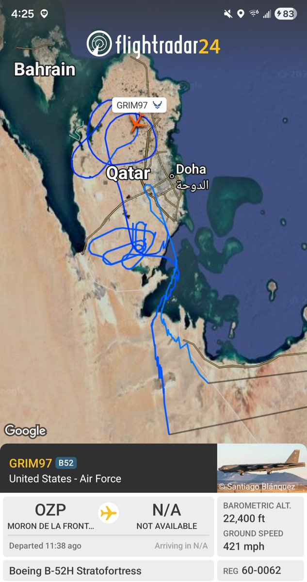 Borrowed7Time's tweet photo. USAF B-52H 60-0062 #AE5897 as GRIM97 is currently in the air over Qatar. Tankers present are:

KC-135E 59-1519 #AE085A
KC-135R 60-0362 #AE059D
@sipjack1776 @Dinlas3 @LadyAstroJet https://t.co/5I8N4C0Xnh