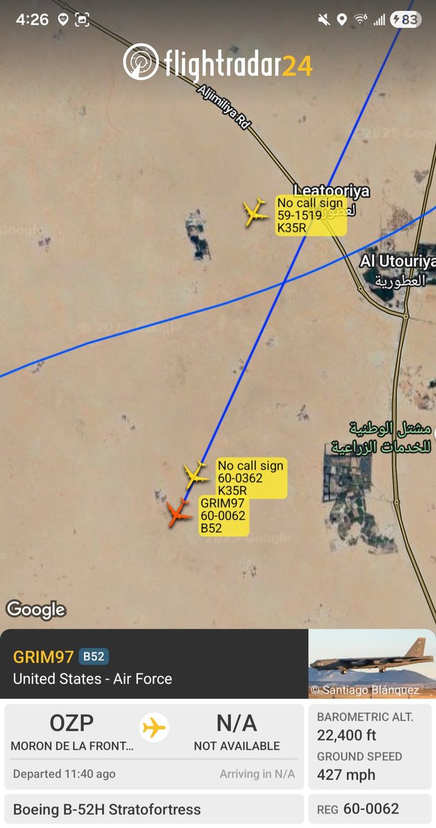 Borrowed7Time's tweet photo. USAF B-52H 60-0062 #AE5897 as GRIM97 is currently in the air over Qatar. Tankers present are:

KC-135E 59-1519 #AE085A
KC-135R 60-0362 #AE059D
@sipjack1776 @Dinlas3 @LadyAstroJet https://t.co/5I8N4C0Xnh