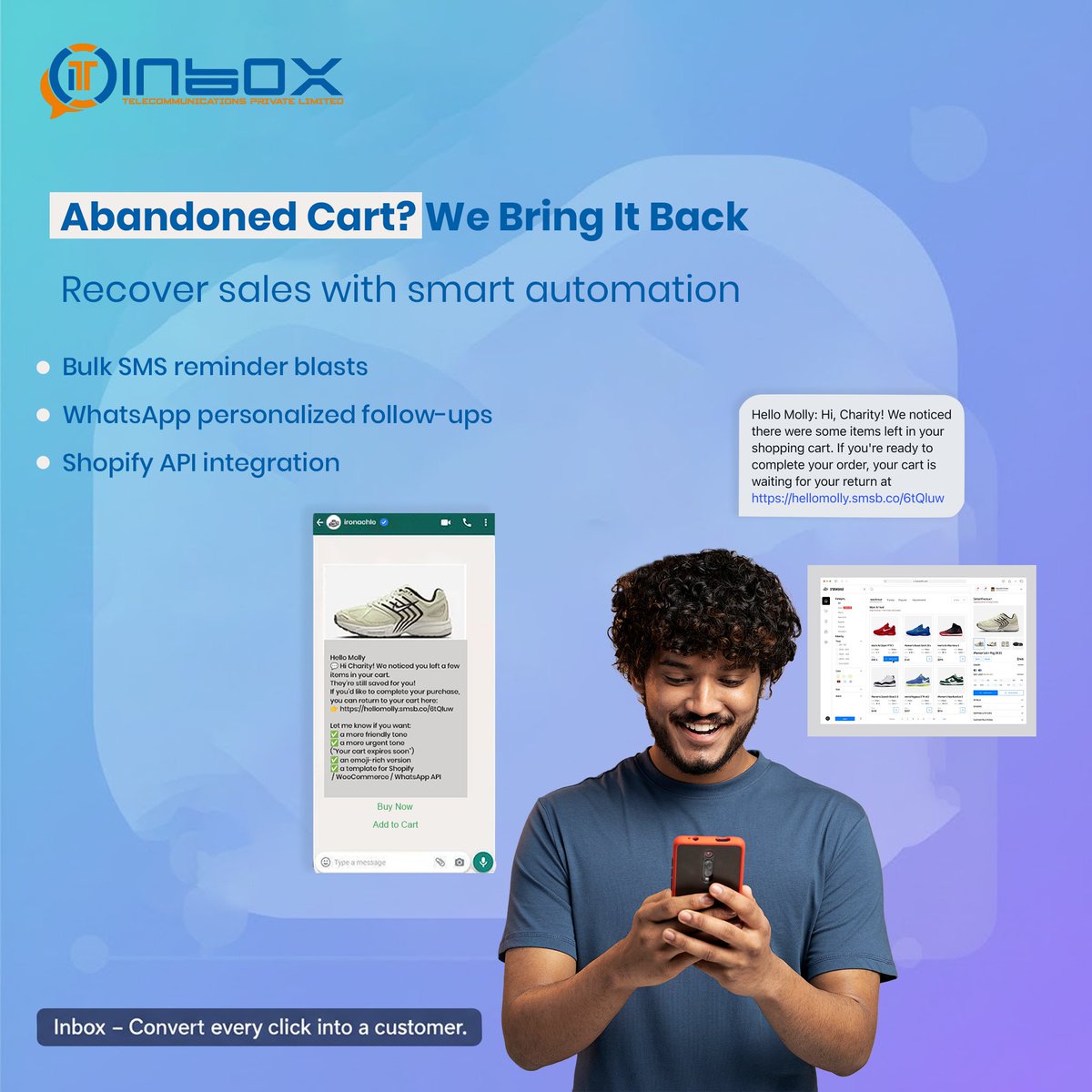 inboxtec's tweet image. 🛍 Lost carts? Bring them back with automation.
📩 SMS reminders
💬 WhatsApp follow-ups
🔗 Shopify API integration
🚀 Inbox – Convert every click into a customer.
#InboxTelecommunication #Ecommerce #CartRecovery #BulkSMS #WhatsAppAPI #ShopifyIntegration