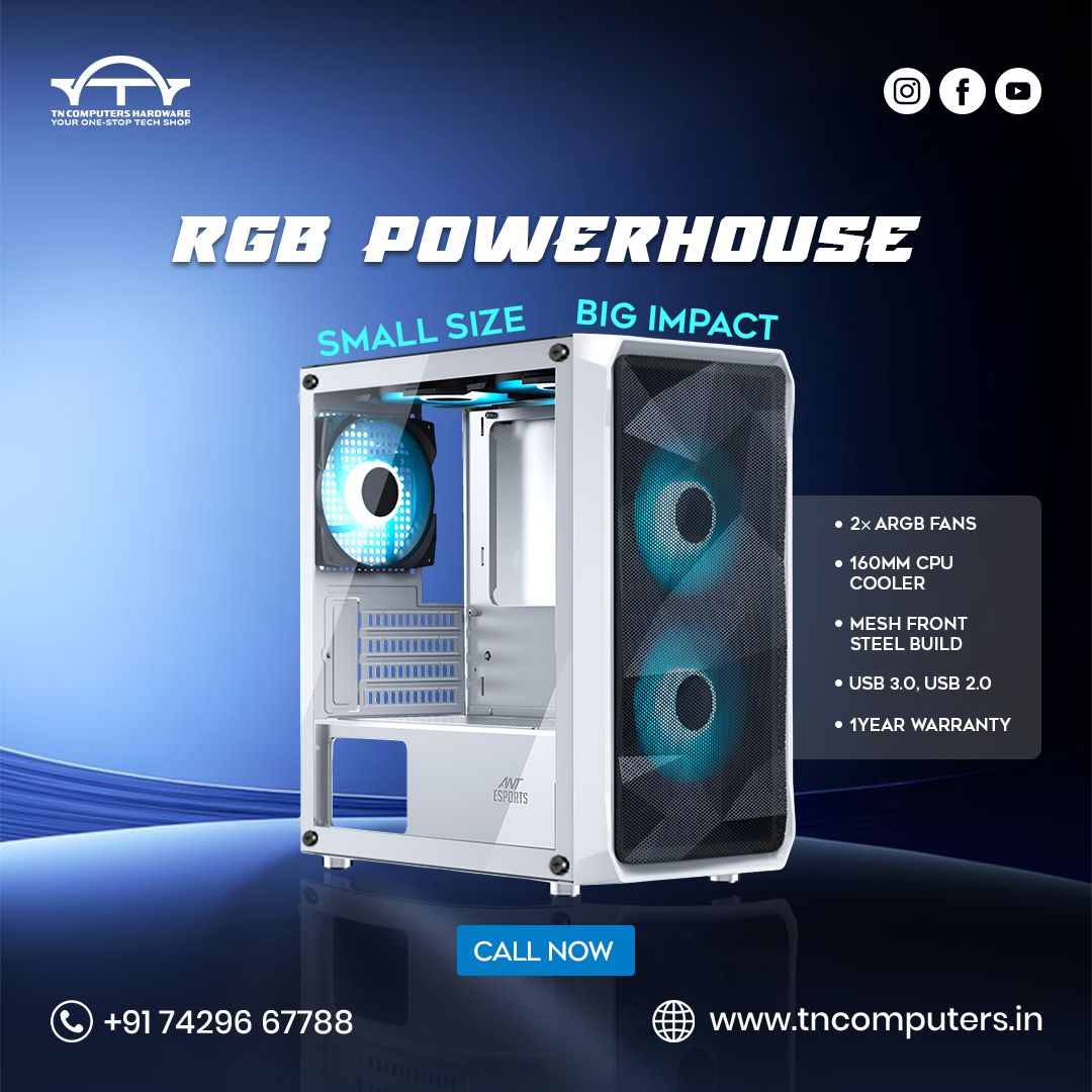 Tncomputerstech's tweet image. 🔥 SMALL SIZE. BIG IMPACT!
The RGB Powerhouse Cabinet is here with:
• 2× ARGB Fans
• Steel Mesh Airflow
• 160mm Cooler Support
• USB 3.0

Perfect for compact gaming builds!
📞 +91 74296 67788
🌐 tncomputers.in

#RGBBuild #GamingPC #ARGBFans #TechDeals #TNComputers