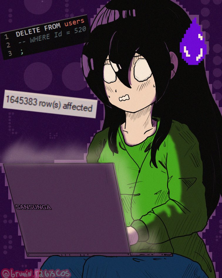Brunin_Rabiscos's tweet image. Lia, em seus aposentos no homeoffice, sem querer querendo acabou rodando um DELETE sem WHERE, resultando na perda de milhões de dados da empresa. 
#mysql #sql #digitalart #desenhodigital