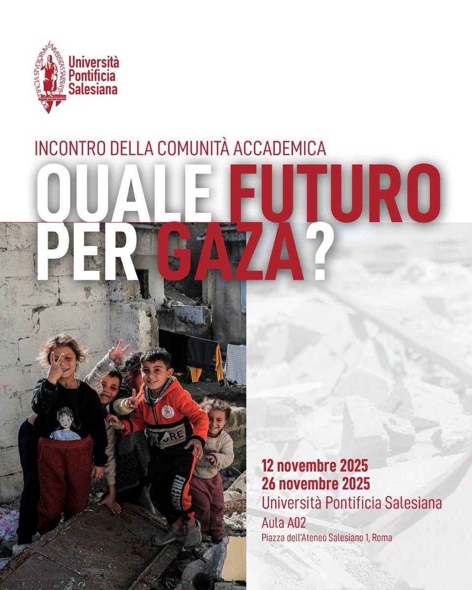 🌍 Quale futuro per Gaza?

Dopo il successo del primo incontro, vi aspettiamo il con il secondo incontro della Comunità Accademica UPS: 

🗓 26/11/2025 | ore 11:30
📍 Aula A02
con la partecipazione del Card. Pizzaballa e del Prof. 

🔗 Per maggiori info: unisal.it/article/6810-q…