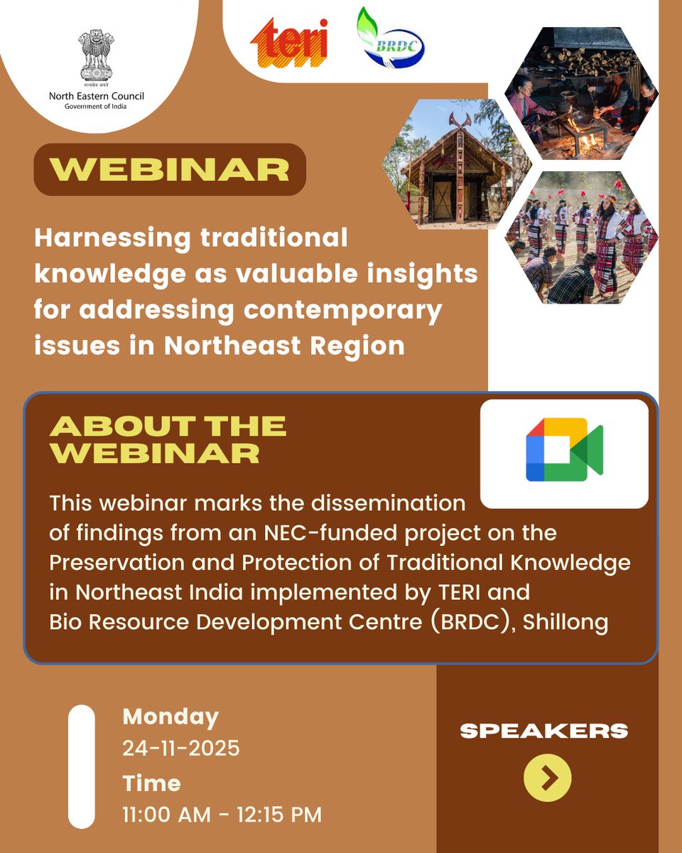 NEC_GoI's tweet image. You&apos;re Invited!

Be part of an insightful webinar on:

Harnessing Traditional Knowledge for Contemporary Solutions in the Northeast Region

🗓 Monday | 24 November 2025
 
Join us and spread the word!
Venue-URL: bharatvc.nic.in/join/1436674214
Conference ID: 1436674214
Password: 358715