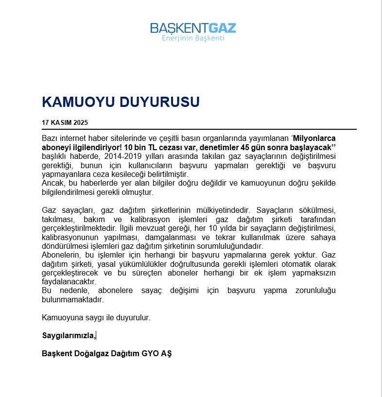 Baskentgazgyo's tweet photo. Bazı internet haber sitelerinde ve çeşitli basın organlarında yayımlanan ‘Milyonlarca aboneyi ilgilendiriyor! 10 bin TL cezası var, denetimler 45 gün sonra başlayacak’’ başlıklı haber ile ilgili #kamuoyuduyurusu https://t.co/O7kgZwaLG9