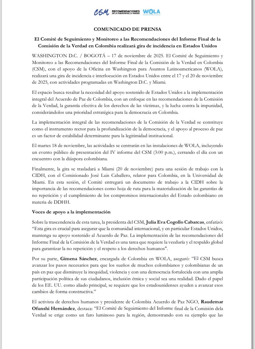 ComiteVerdadCO's tweet image. #ComunicadoCSM 
Realizaremos, a partir de hoy, una gira de incidencia en #EstadosUnidos. 
Mañana presentaremos nuestro IV Informe en las instalaciones de @WOLA_org. 
Esta gira es crucial para asegurar que la comunidad internacional mantenga su apoyo sostenido al #AcuerdoDePaz.