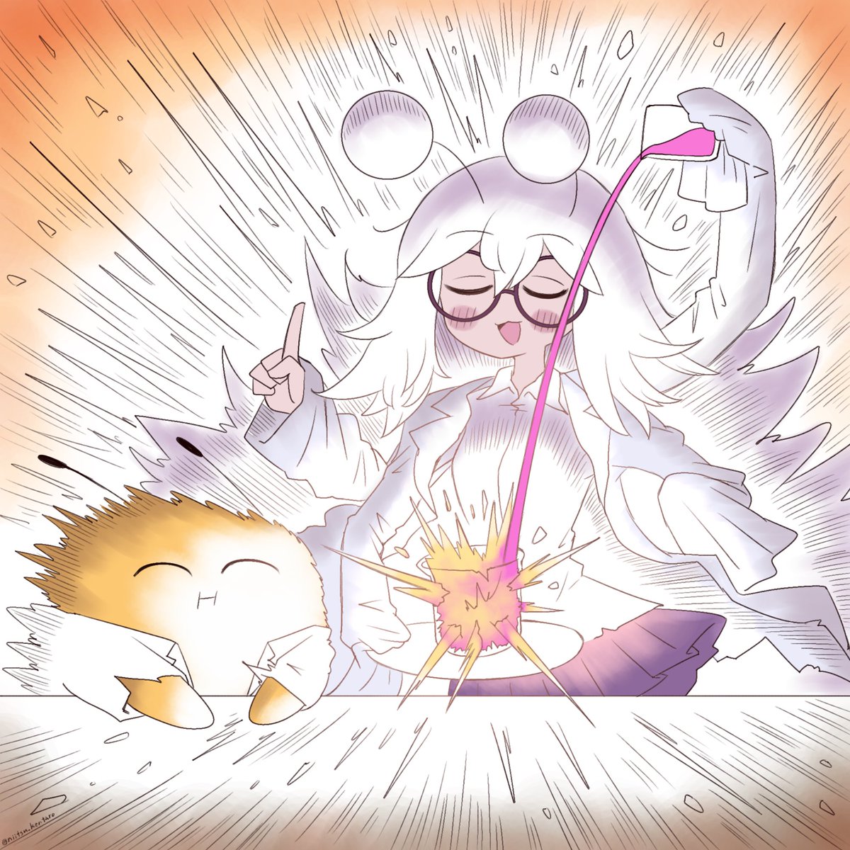 whitepaper(しろ)  作品名 ハナカンムリ サイエンティストばぐりちゃん 「紅茶みたいに薬品も高いとこから注げ