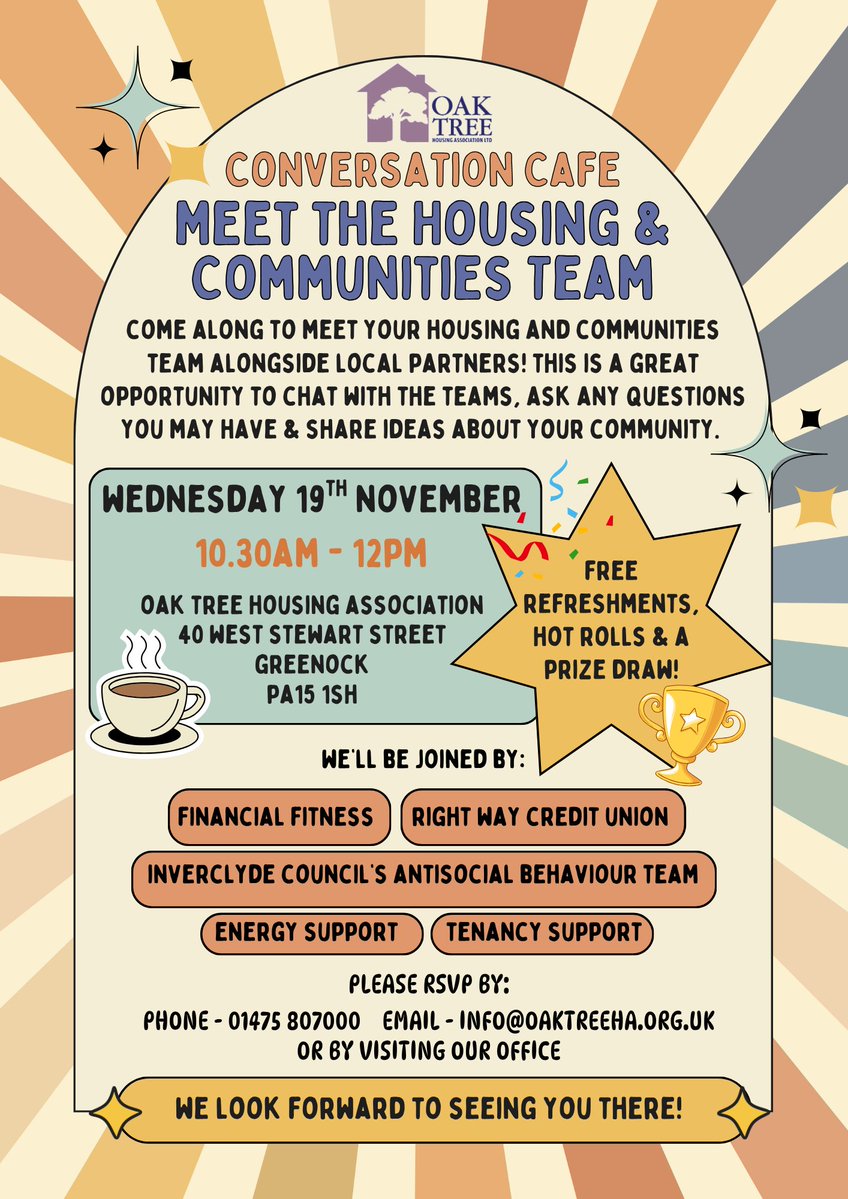 OakTreeHA's tweet image. Come along to meet you Housing &amp;amp; Communities Team! Chat with the team and local partners, enjoy free refreshments, enter our prize draw and connect with your neighbours. 🏘️

Please RSVP to secure your slot, we look forward to seeing you there! 😊