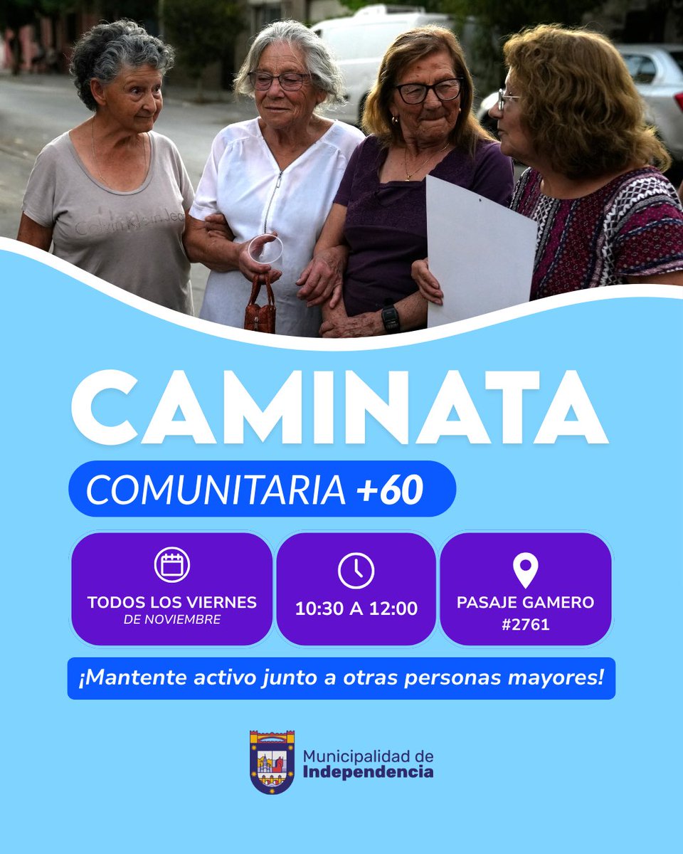 👵🏼 ¡Caminata comunitaria para personas mayores! 👴🏼

Queremos que nuestras personas mayores se mantengan activas, por eso los invitamos a participar de nuestras caminatas comunitarias.

🗓️ Todos los viernes de noviembre
⏰ De 10:30 a 12:00 horas
📍 Pasaje Gamero 2761