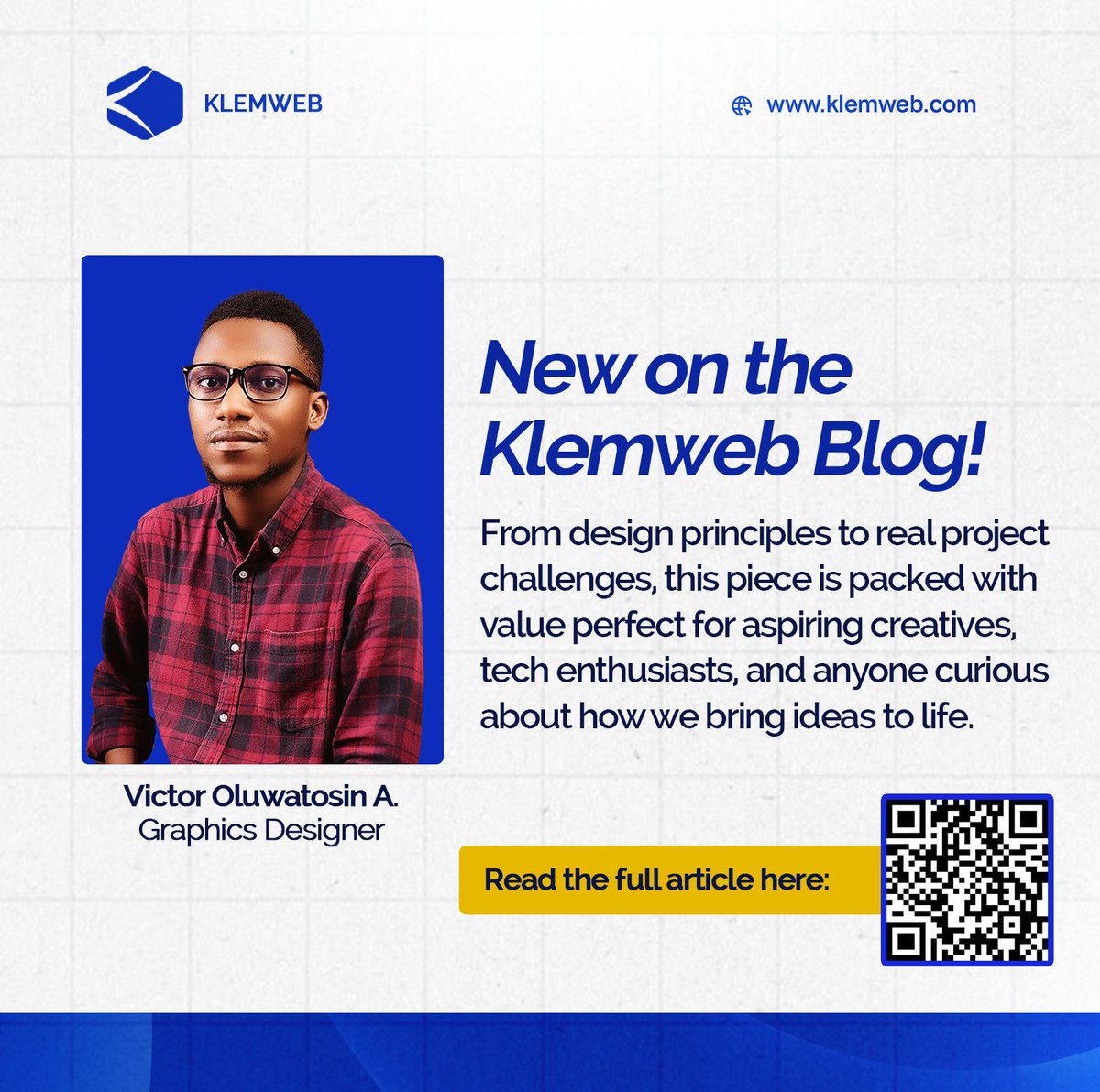 klemweb's tweet image. Our Graphics Designer, Victor, just shared an insightful article on his journey, creativity, and what it’s like building visual experiences at Klemweb. 💡✨

👉 Read the full article here: klemweb.com/blog_post.php?…

Trust us, you don’t want to miss this!

#BlogUpdate #DesignJourney