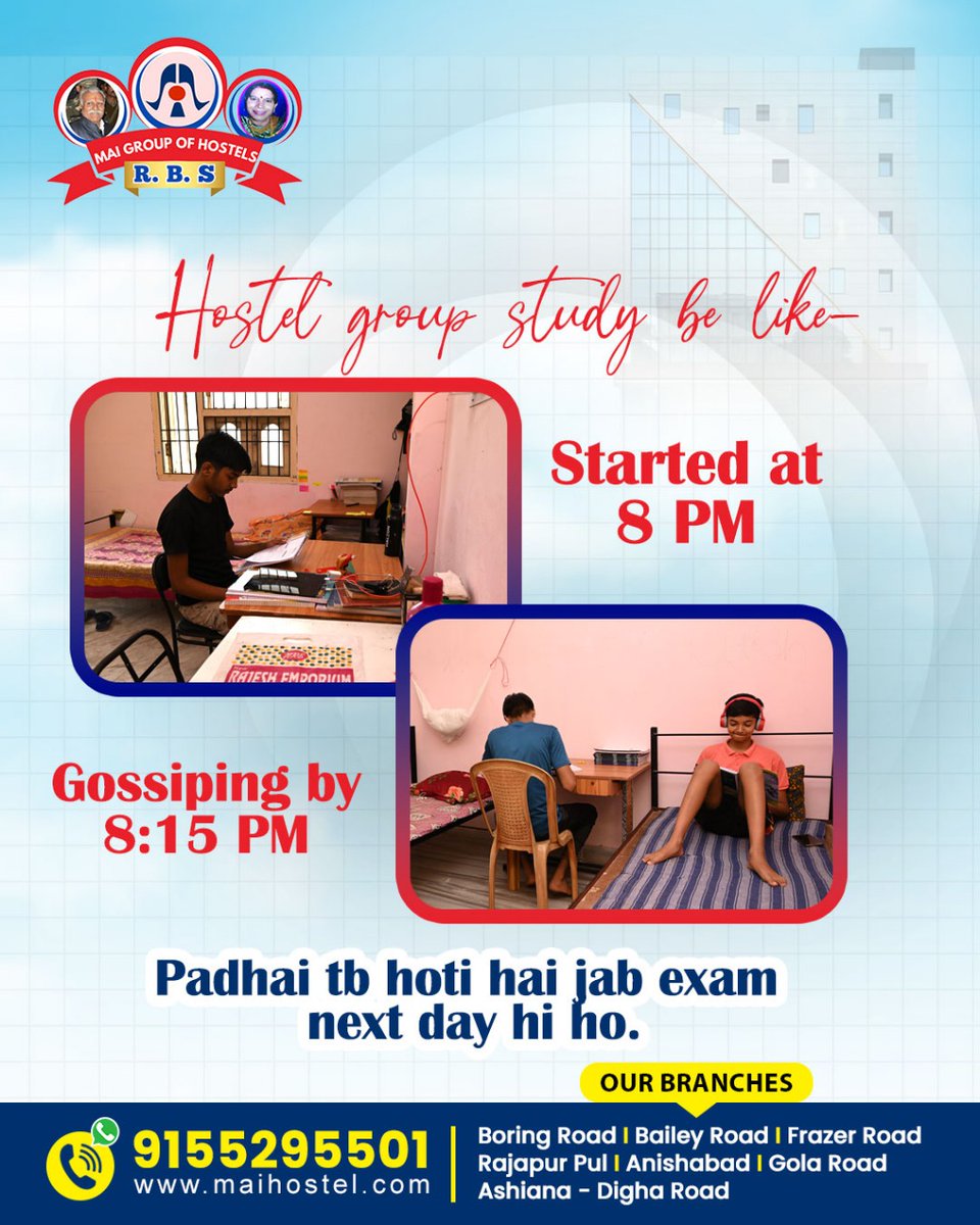 mai_hostel's tweet image. If you’ve ever lived in a hostel, you know this is 100% facts! 😂

Group study turns into group gossip in minutes!

#MaiHostel #HostelLife #StudentVibes #PatnaHostel #HostelMemes  #BestHostelInPatna #StudentLifePatna  #PatnaHostels