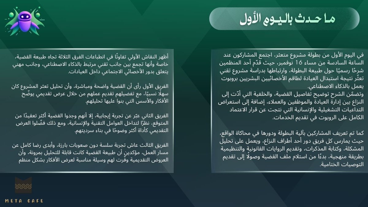 انطلق اليوم الأول🤩
 من مشروع متعثر بعمل تحليلي مكثّف حيث قدّمت الفرق قراءاتها الأولية لتحديات المشروع بداية قوية تمهّد لأيام أكثر عمقًا وتنافسًا.