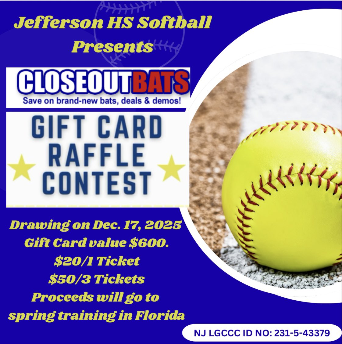 Need a new softball or baseball bat? Win a $600 gift card to Close Out bats! Reach out if you’re interested in buying tickets, all proceeds benefit the Jefferson Softball spring training trip to Florida!