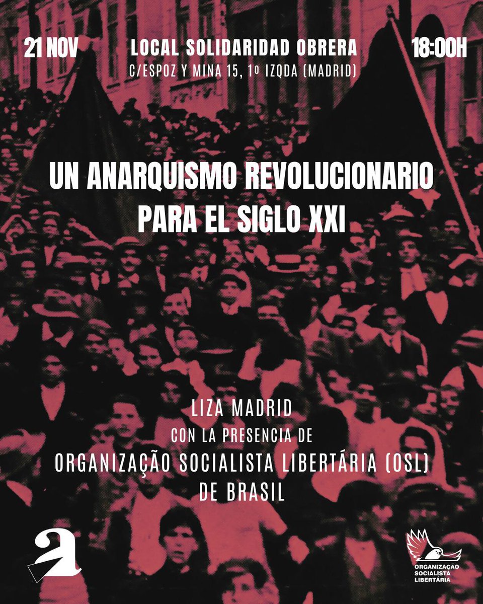 Liza__Madrid's tweet photo. Este viernes 21 de noviembre recibimos a compañeros de la @OSL_brasil en Madrid ❤️🖤

Ven a conocer el anarquismo especifista: social, organizado y con horizonte revolucionario 👊🏽👊🏽

Conversaremos sobre el contexto brasileño y la construcción del poder popular desde los años 90. https://t.co/jvb9js7Wyg