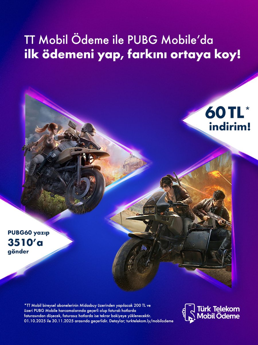 PUBG Mobile sezonuna güçlü başla! 💪

Yeni sezonun heyecanına Türk Telekom Mobil Ödeme kolaylığıyla katıl. Midasbuy üzerinden yapacağın ilk 200 TL ve üzeri harcamada 60 TL indirim fırsatını anında yakala!

Kredi kartına ihtiyaç duymadan, oyun için ödemeni tamamla; gücüne güç kat.