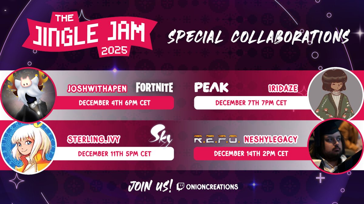 Here is my collab streams announcement for
@JingleJam, fundraising for Autistica! Four streams with four amazing creators. Hope you’ll join us and help support a brilliant cause! More info soon! (UTC +1) #JingleJam2025 <a href="/JoshyWithAPen/">Josh</a> <a href="/iridazed/">iridaze</a> <a href="/Sterling_Ivy_/">Sterling Ivy</a> <a href="/NeshyLegacy/">Neshy Weshy Bear</a>