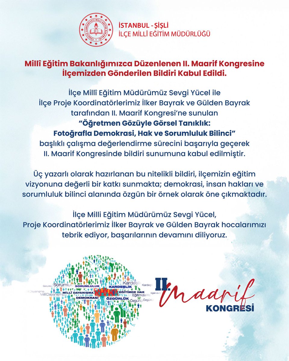sislimem's tweet photo. Millî Eğitim Bakanlığımızca Düzenlenen II. Maarif Kongresine İlçemizden Gönderilen Bildiri Kabul Edildi. https://t.co/oylSGU9lLI