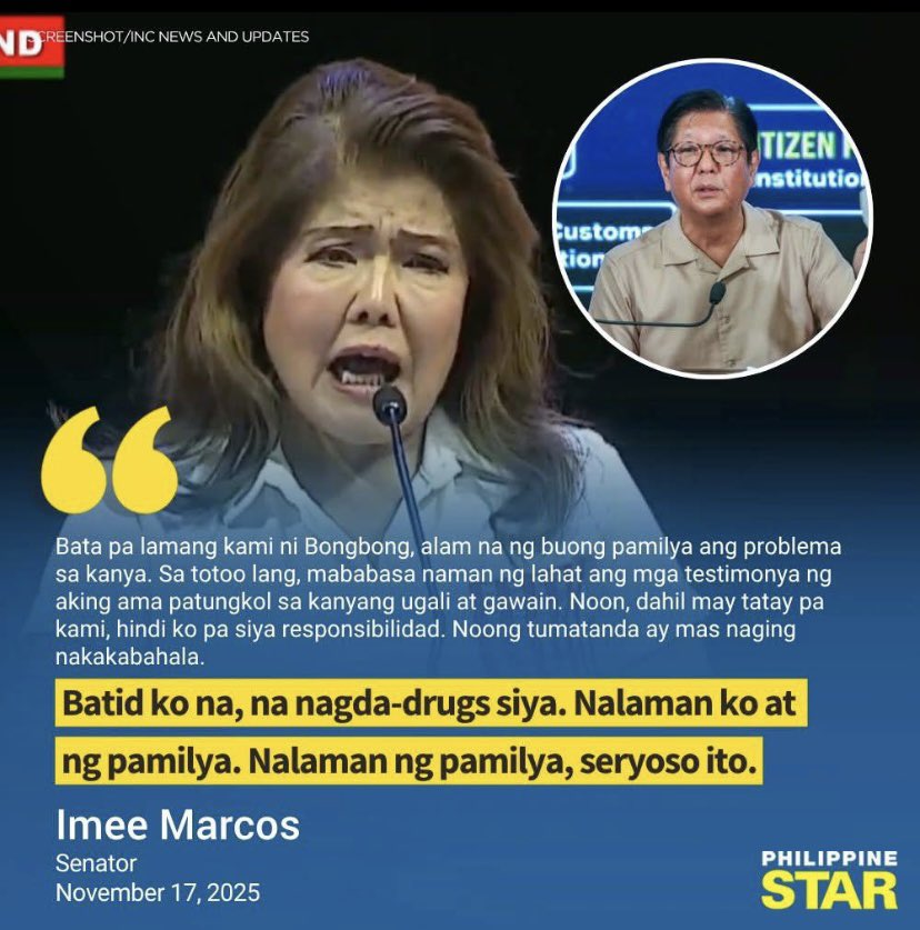 It looks like Politics is thicker than blood. 

This is Imee’s formal declaration of distance, of scorn for his brother and that nothing within the family is anymore sacred. 

And when a family feud goes public, it’s no longer a sibling spat, it’s a signal that the family dynasty