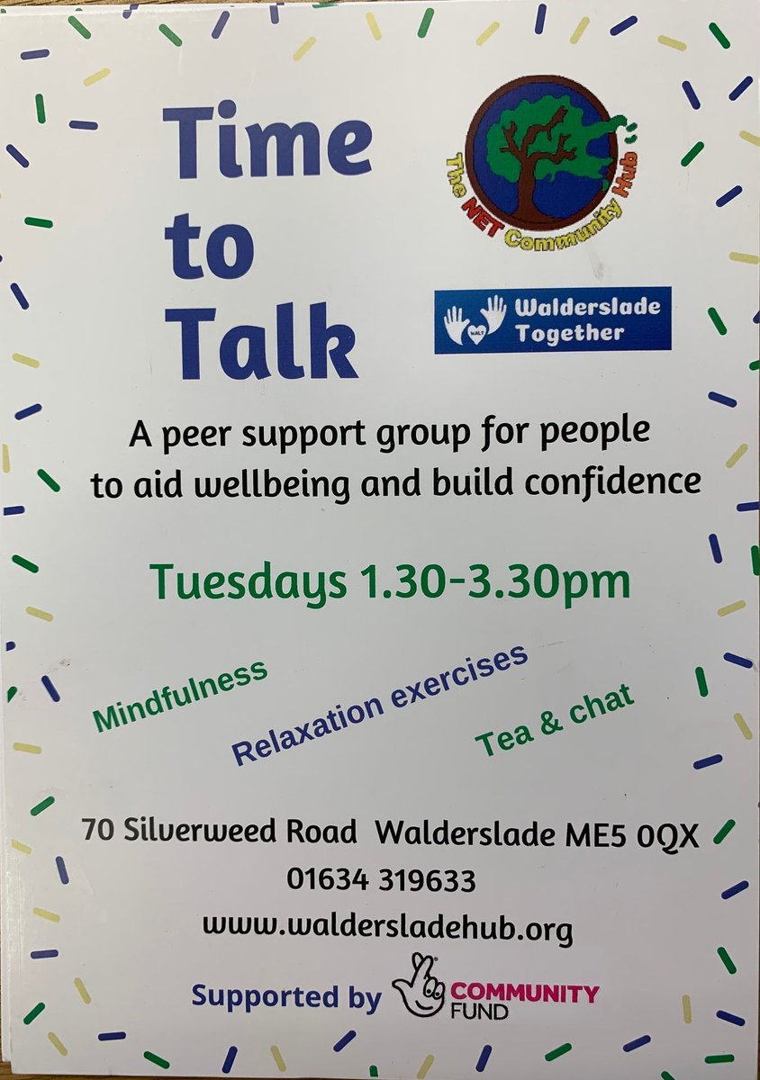 NetCommunityHub's tweet image. It&apos;s #TimeToTalk on Tuesdays! Our peer support
group is the perfect place if you&apos;re feeling a bit low or
lonely. Come along between 1:30-3:30pm for a
cuppa, chat and mindfulness. £1 per person per
session includes refreshments.
70 Silverweed Road, Chatham