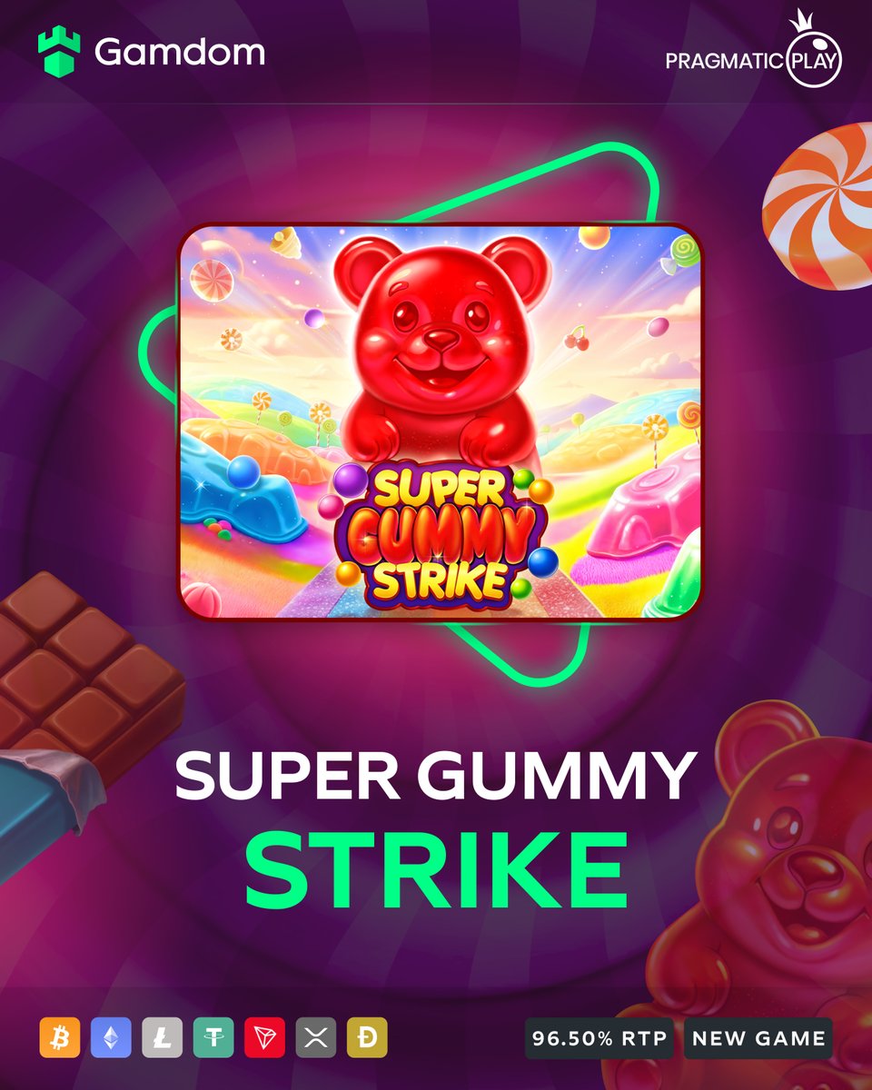 gamdom's tweet image. Get your sugar rush in Super Gummy Strike! 🍬

Spin through this candy-filled world and win up to 20,000x your bet! 💰

-💚 + 🔄 + 🆔 - *KYC Lvl 2 verified Gamdom.com users only