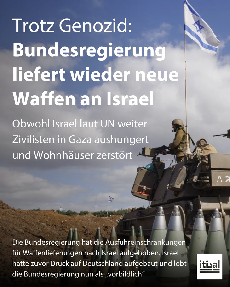 Tarek_Bae's tweet photo. Der Genozid in Gaza ist nicht vorbei, sagen Expertinnen und Experten. Israel blockiert weiterhin über 70 % der dringend benötigten Hilfe, warnt die UN. Das Welternährungsprogramm der UN, WFP, betont: Noch immer ist jedes zehnte Kind von akuter Hungersnot betroffen. Israel zerstört laut Recherchen des BBC weiterhin systematisch zivile Wohnhäuser in Gaza.

Und trotzdem hat die Bundesregierung die Ausfuhreinschränkungen für Waffen nach Israel aufgehoben. Ab heute können wieder ungehindert neue tödliche Waffen nach Israel exportiert werden. Da die Waffenruhe sich „un den letzten Wochen stabilisiert" hätte, so Regierungssprecher Stefan Kornelius. Israels Regierung machte zuletzt verstärkt Druck auf Deutschland, die Waffenlieferungen wiederaufzunehmen. Israels Außenminister Gideon Saar ruft nun andere Regierungen auf, „nach dem Vorbild Deutschland ähnliche Entscheidungen zu treffen“.

Zur Einordnung: Deutschland beendete nie die Ausfuhr von Rüstungsgütern nach Israel beendet. Während des gesamten Genozids wurden beispielsweise Motoren für israelische Panzer geliefert, mit denen Israels Armee zahlreiche Zivilisten tötete. Auch Panzermunition, panzerbrechende Waffen, Gewehrmunition und technische Ausrüstung wurde geliefert.

Deutschland lieferte während des Genozids bis Mai 2025 Rüstungsgüter im Wert von 485 Millionen Euro an Israel, so eine Antwort der Bundesregierung.

Der Internationale Gerichtshof (IGH) in Den Haag hat eine Klage gegen Deutschland angenommen und das Hauptverfahren eröffnet. Deutschland wird vorgeworfen, Israel bei seinem Genozid in Gaza unterstützt zu haben. Zum Beispiel durch Waffenlieferungen. Bereits im Eilverfahren wurden die Waffenexporte thematisiert. Deutschland kündigte im April 2024 an, die Genehmigungen für Lieferungen runtergeschraubt zu haben. Um einer Verurteilung zu entgehen.

 Recherchen von Drop Site zeigten im November 2025 aber: Deutschland sprach seine Aussage vor dem Gerichtshof offenbar mit Israels Regime ab.

Israel begeht laut der Unabhängigen Internationalen Untersuchungskommission des UN-Menschenrechtsrats und laut zahlreichen anderen Gremien einen Genozid in Gaza. Die Bundesregierung weigert sich, diese Fakten anzuerkennen.