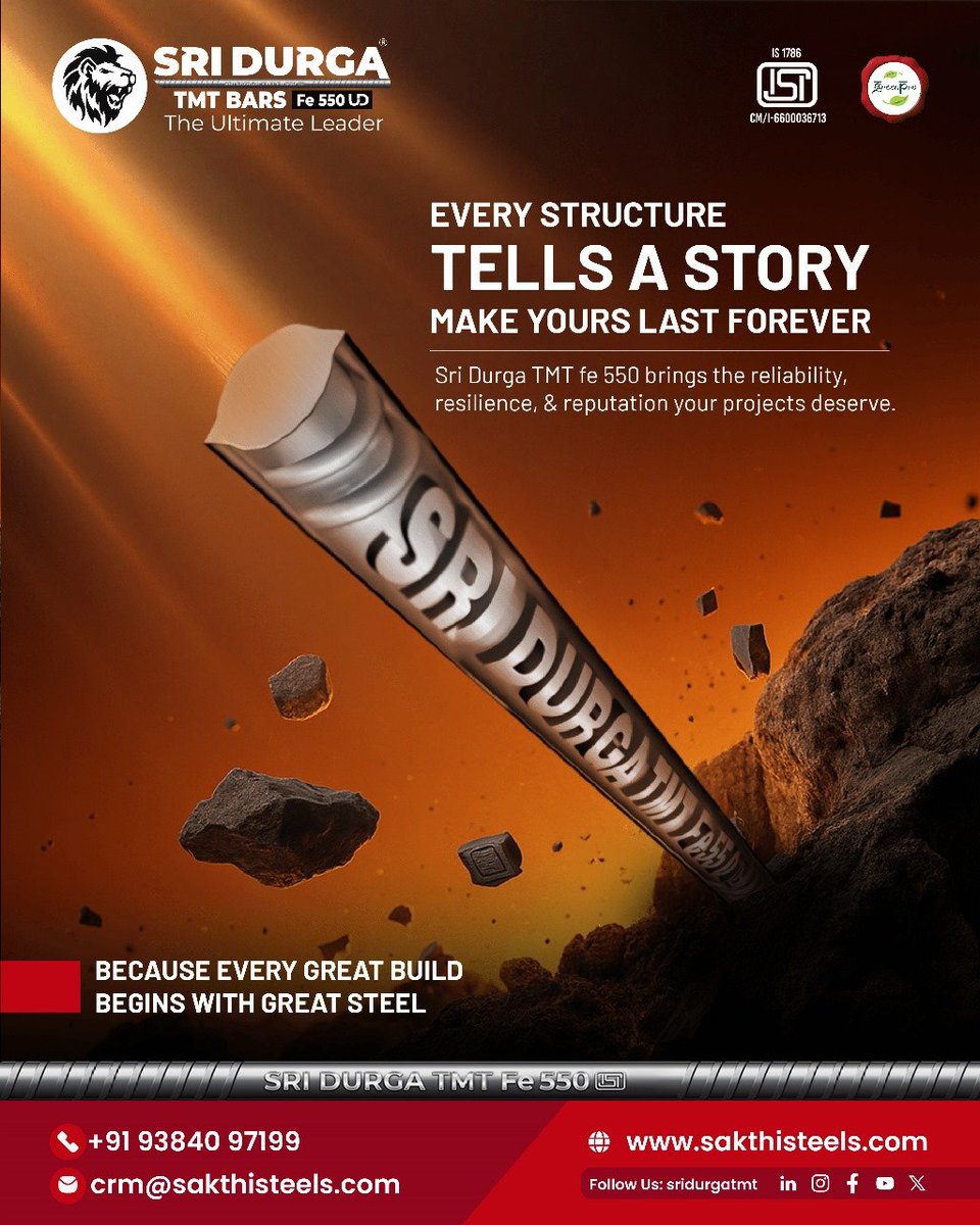 SriDurgaTmt's tweet image. Strong foundations aren’t built by chance; they’re built with Sri Durga TMT fe 550.

Build with confidence. Build with the ultimate leader.

#Sridurgatmt #TrustedSteel #tmtbars #Construction #tmtsteel #MadeInIndia #strongsteel #buildingmaterials #tmt #tmtdealers #tmtdistributors